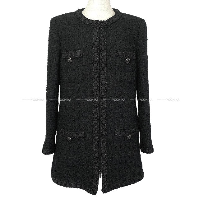 [Pre-loved] 2016 AW Paris in Rome CHANEL Plainly colored jacket Fantasy Tweed Long Coat Zip-Up Ribbon Rope Four Pockets Noir (Black) Wool #40 P54398[LIKE NEW][Authentic]