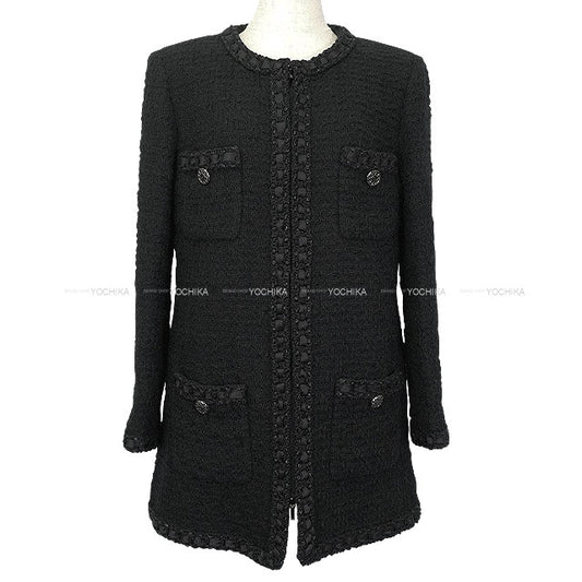 [Pre-loved] 2016 AW Paris in Rome CHANEL Plainly colored jacket Fantasy Tweed Long Coat Zip-Up Ribbon Rope Four Pockets Noir (Black) Wool #40 P54398[LIKE NEW][Authentic]
