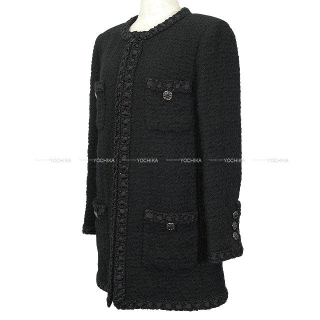 [Pre-loved] 2016 AW Paris in Rome CHANEL Plainly colored jacket Fantasy Tweed Long Coat Zip-Up Ribbon Rope Four Pockets Noir (Black) Wool #40 P54398[LIKE NEW][Authentic]