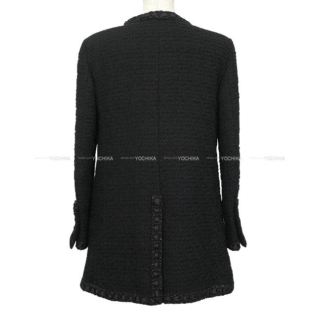 [Pre-loved] 2016 AW Paris in Rome CHANEL Plainly colored jacket Fantasy Tweed Long Coat Zip-Up Ribbon Rope Four Pockets Noir (Black) Wool #40 P54398[LIKE NEW][Authentic]