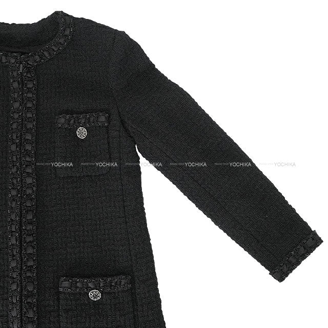 [Pre-loved] 2016 AW Paris in Rome CHANEL Plainly colored jacket Fantasy Tweed Long Coat Zip-Up Ribbon Rope Four Pockets Noir (Black) Wool #40 P54398[LIKE NEW][Authentic]