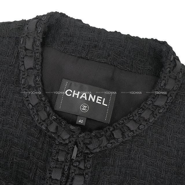 [Pre-loved] 2016 AW Paris in Rome CHANEL Plainly colored jacket Fantasy Tweed Long Coat Zip-Up Ribbon Rope Four Pockets Noir (Black) Wool #40 P54398[LIKE NEW][Authentic]