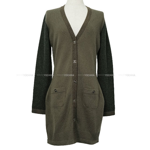 [Pre-loved] CHANEL Cardigan Long Turn lock COCO Button Bicolor Kaki/Brown Cashmere #38 P42029[LIKE NEW][Authentic]