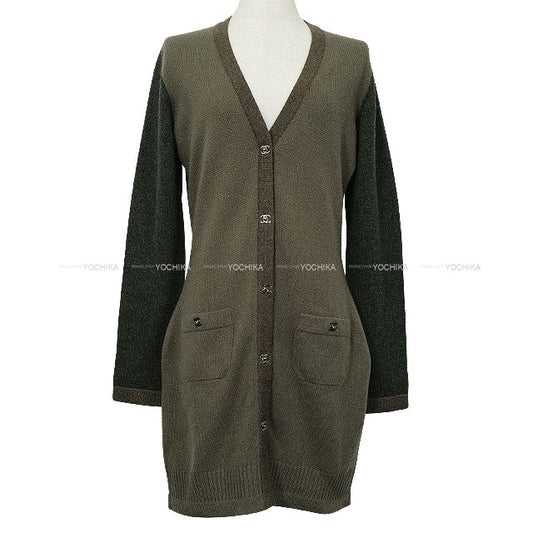 [Pre-loved] CHANEL Cardigan Long Turn lock COCO Button Bicolor Kaki/Brown Cashmere #38 P42029[LIKE NEW][Authentic]