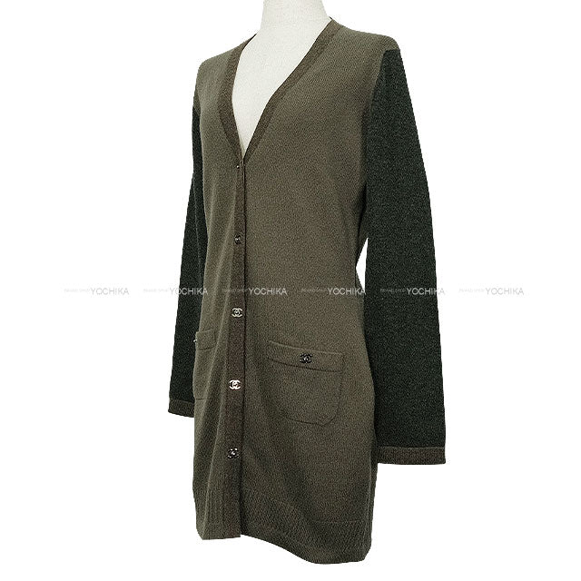 [Pre-loved] CHANEL Cardigan Long Turn lock COCO Button Bicolor Kaki/Brown Cashmere #38 P42029[LIKE NEW][Authentic]