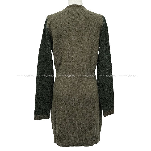 [Pre-loved] CHANEL Cardigan Long Turn lock COCO Button Bicolor Kaki/Brown Cashmere #38 P42029[LIKE NEW][Authentic]