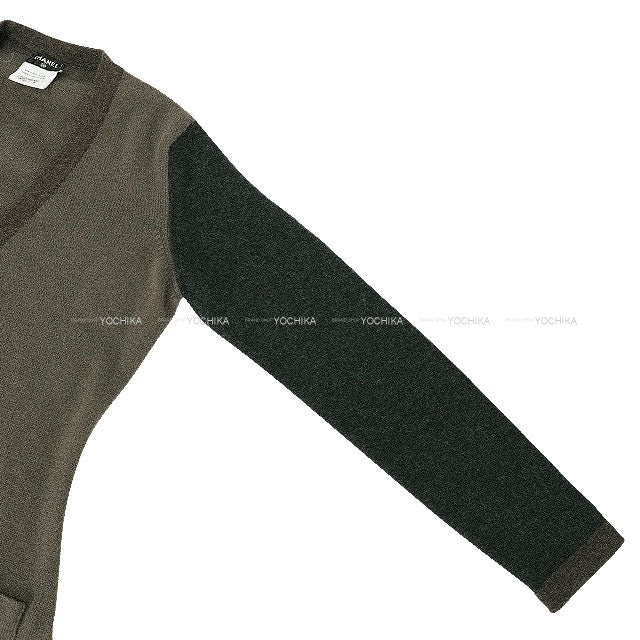 [Pre-loved] CHANEL Cardigan Long Turn lock COCO Button Bicolor Kaki/Brown Cashmere #38 P42029[LIKE NEW][Authentic]