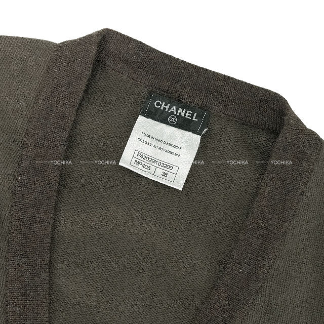 [Pre-loved] CHANEL Cardigan Long Turn lock COCO Button Bicolor Kaki/Brown Cashmere #38 P42029[LIKE NEW][Authentic]