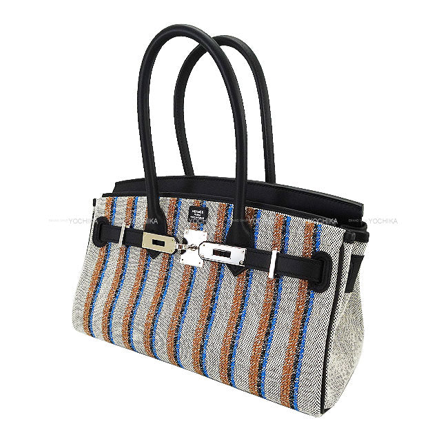 HERMES Shoulder bag Shoulder Birkin Light 29 Couverture Lignes embroidery Noir (Black)/Ecru/Bleu Zanzibar Toile H/Veau Swift Silver HW Stamp K[BRAND NEW][Authentic]