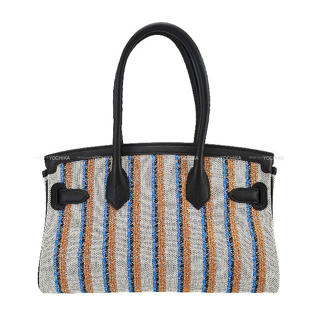 HERMES Shoulder bag Shoulder Birkin Light 29 Couverture Lignes embroidery Noir (Black)/Ecru/Bleu Zanzibar Toile H/Veau Swift Silver HW Stamp K[BRAND NEW][Authentic]