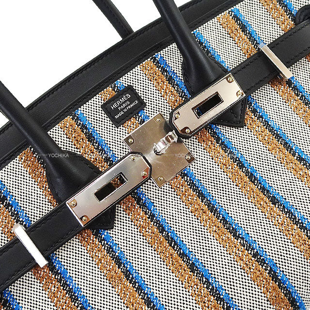 HERMES Shoulder bag Shoulder Birkin Light 29 Couverture Lignes embroidery Noir (Black)/Ecru/Bleu Zanzibar Toile H/Veau Swift Silver HW Stamp K[BRAND NEW][Authentic]