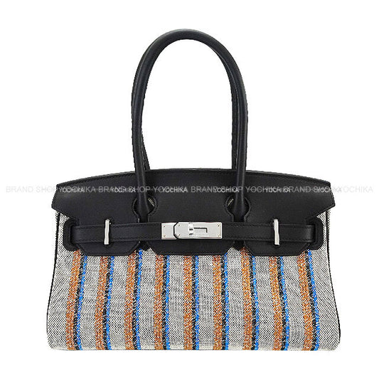 HERMES Shoulder bag Shoulder Birkin Light 29 Couverture Lignes embroidery Noir (Black)/Ecru/Bleu Zanzibar Toile H/Veau Swift Silver HW Stamp K[BRAND NEW][Authentic]