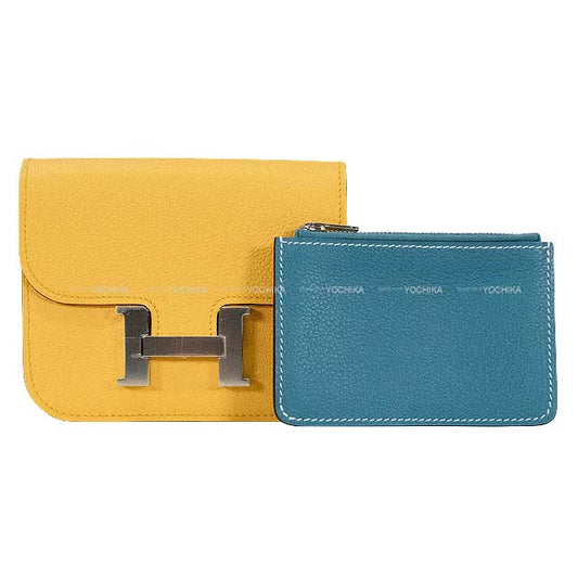 HERMES Bi-fold wallet Constance Slim Verso Waist Pouch Sun/New Bleu Jean Evercolor Silver HW Stamp W[EXCELLENT][Authentic]