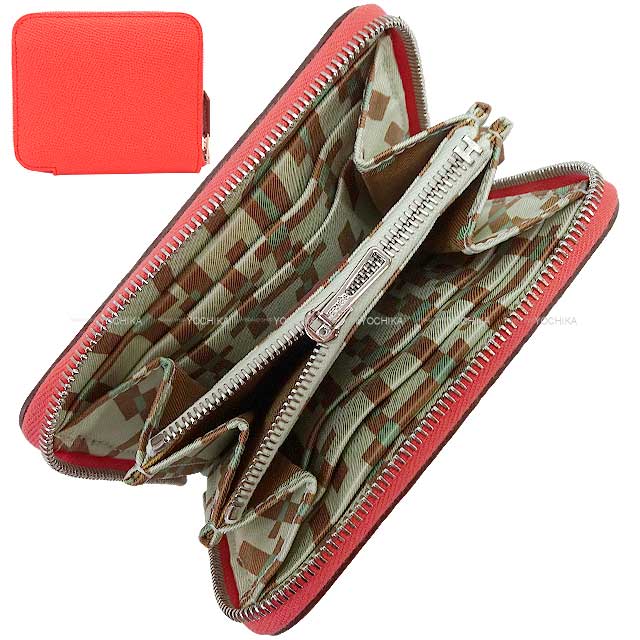 HERMES Bi-fold wallet Azap Silk'in Compact H en Filet Rose Texese/Vert Fizz/Chai Veau Epsom/Veau Barenia/Silk Silver HW Stamp U[EXCELLENT][Authentic]