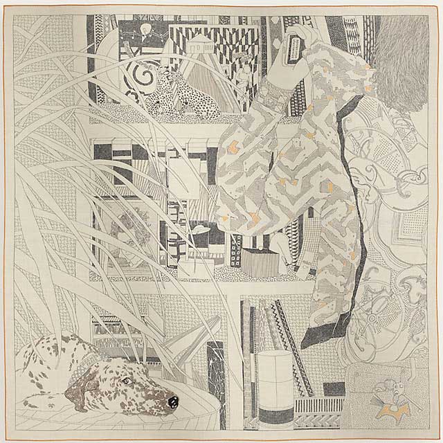HERMES scarf Carre 140 Rendez-Vous Chez Hermes Naturel/Graphite/Jaune d'Or Cashmere70% / Silk30%[BRAND NEW][Authentic]