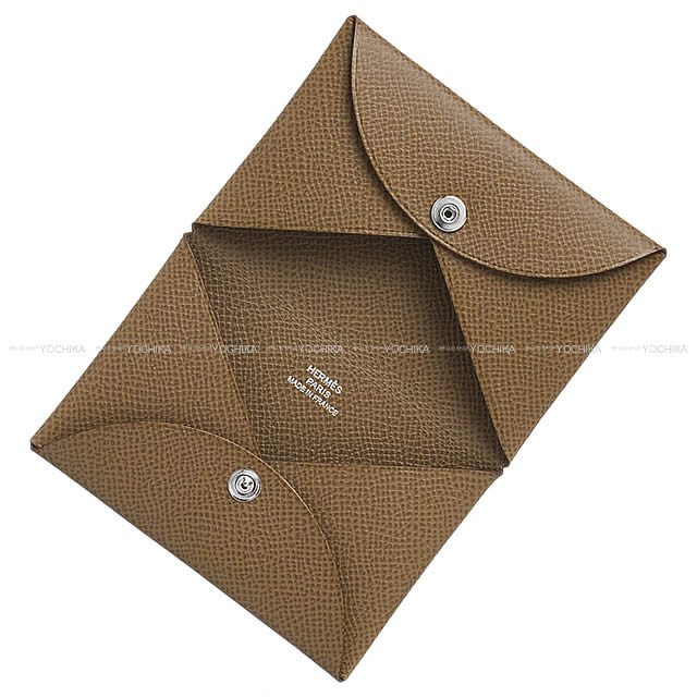 HERMES card holder Calvi Etoupe Veau Epsom Silver HW Stamp U[EXCELLENT][Authentic]