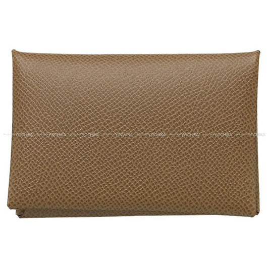HERMES card holder Calvi Etoupe Veau Epsom Silver HW Stamp U[EXCELLENT][Authentic]