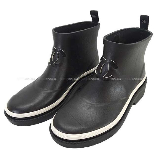 [Pre-loved] 2023AW CHANEL Rain shoes Short boots COCO mark Noir (Black)/Blanc (White) Rubber #37 G45076[LIKE NEW][Authentic]