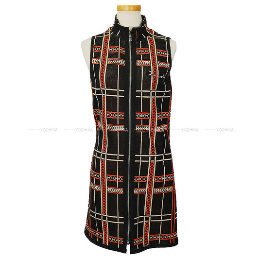HERMES One‐piece dress Sleeveless Dress Tartan Check Orange/Noir (Black)/Blanc (White) Cotton100% #40 Silver HW[EXCELLENT][Authentic]