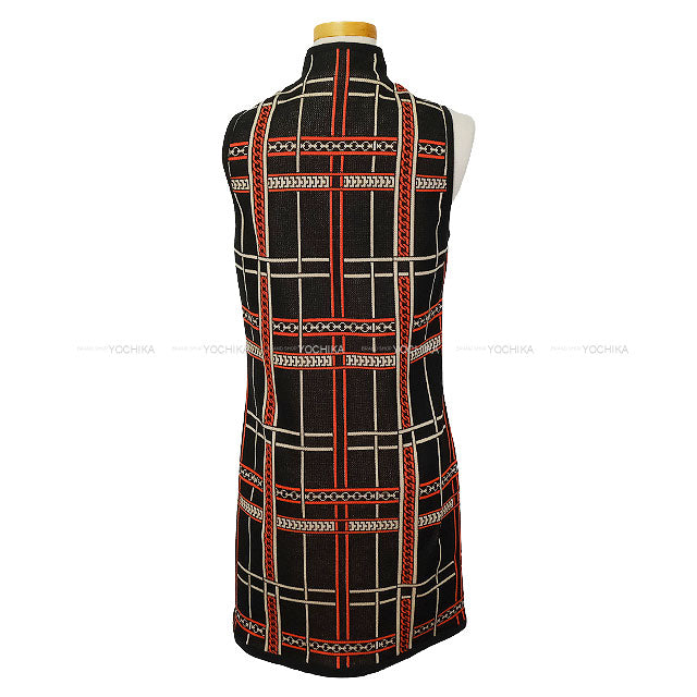 HERMES One‐piece dress Sleeveless Dress Tartan Check Orange/Noir (Black)/Blanc (White) Cotton100% #40 Silver HW[EXCELLENT][Authentic]