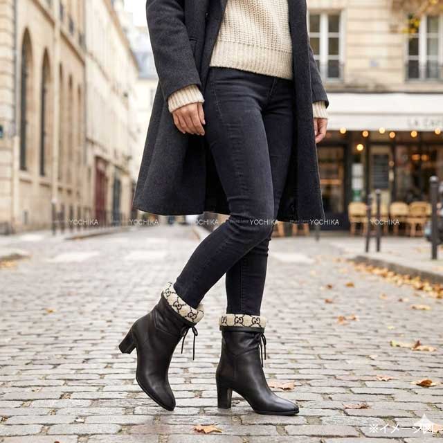 2023SS GUCCI boots Short GG-Pattern Ankle Noir (Black)/Blanc (White) Calf/Shearing #38.5 719826[EXCELLENT][Authentic]