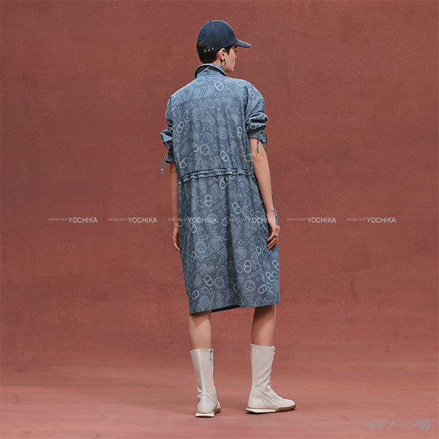HERMES One‐piece dress Dress Shirt Coat Candy Libres Print Blue Denim Cotton/Linen #38 Silver HW[BRAND NEW][Authentic]