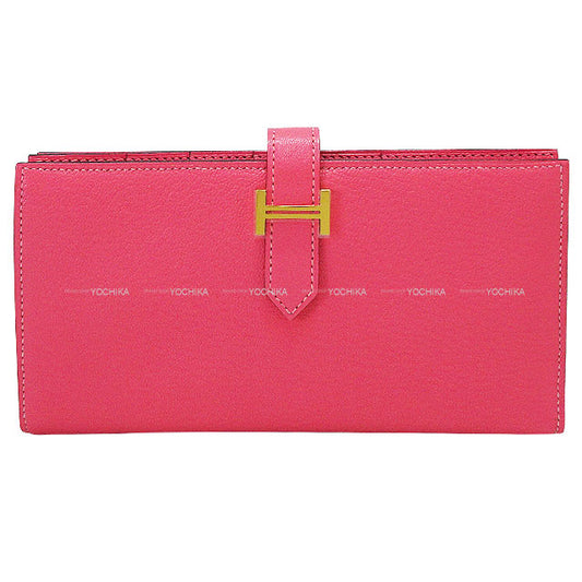 HERMES long wallet Bearn Soufflet Rose Azalee Chevre Mysore Gold HW Stamp A[EXCELLENT][Authentic]
