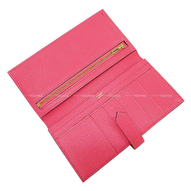 HERMES long wallet Bearn Soufflet Rose Azalee Chevre Mysore Gold