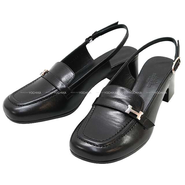 HERMES pumps Anfini 50 square toe Slingback Noir (Black) Chevre Mysore #35.5 Silver HW[EXCELLENT][Authentic]