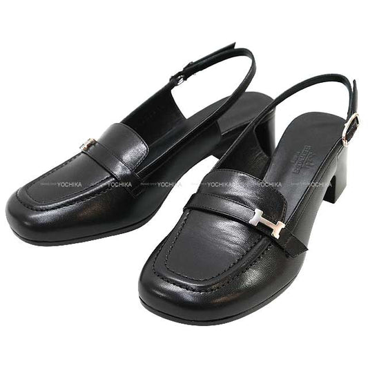 HERMES pumps Anfini 50 square toe Slingback Noir (Black) Chevre Mysore #35.5 Silver HW[EXCELLENT][Authentic]