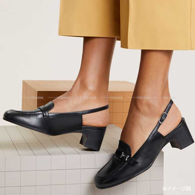 HERMES pumps Anfini 50 square toe Slingback Noir (Black) Chevre Mysore #35.5 Silver HW[EXCELLENT][Authentic]