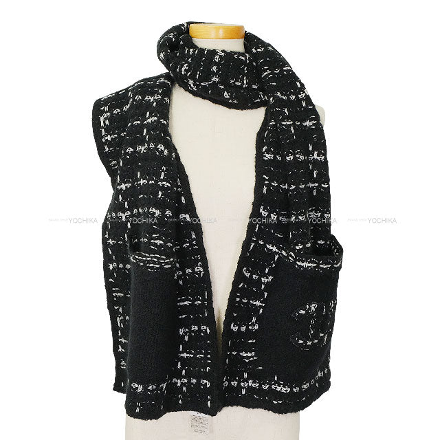 2023AW CHANEL muffler COCO Mark Tweed with Pocket Noir (Black)/Blanc (White) Wool/Cashmere/Silk[EXCELLENT][Authentic]