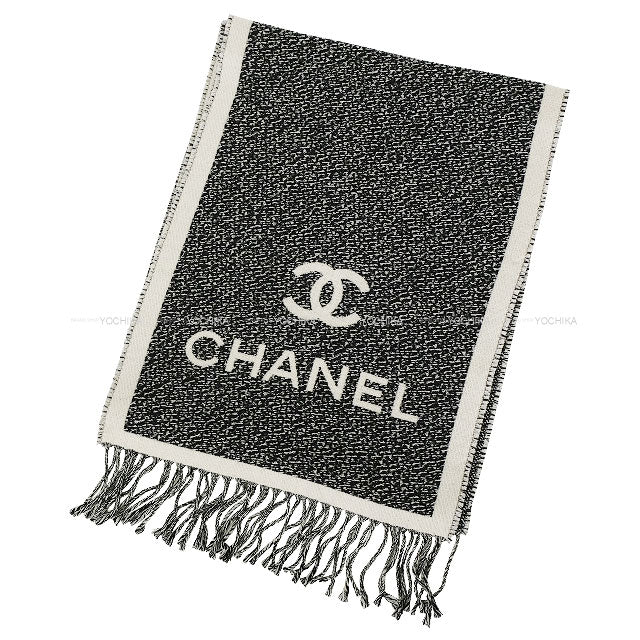 CHANEL muffler COCO Mark Fringe Noir (Black)/Blanc (White) Wool AAA357[EXCELLENT][Authentic]