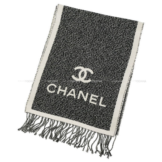 CHANEL muffler COCO Mark Fringe Noir (Black)/Blanc (White) Wool AAA357[EXCELLENT][Authentic]