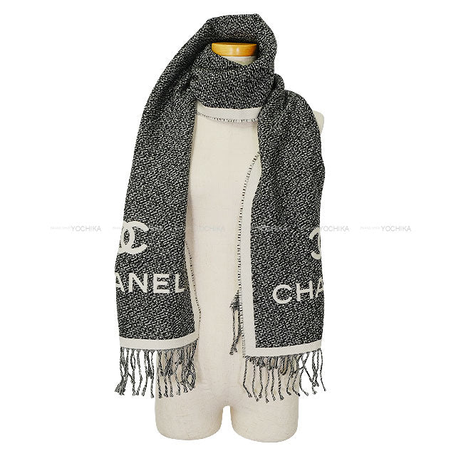 CHANEL muffler COCO Mark Fringe Noir (Black)/Blanc (White) Wool AAA357[EXCELLENT][Authentic]