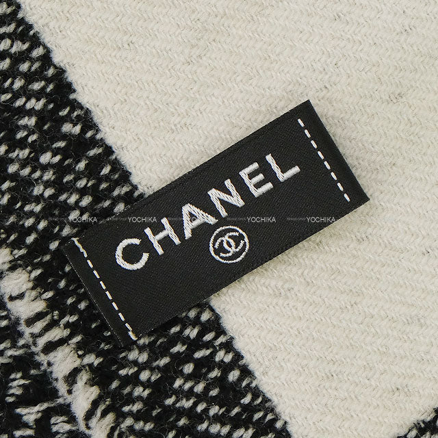 CHANEL muffler COCO Mark Fringe Noir (Black)/Blanc (White) Wool AAA357[EXCELLENT][Authentic]
