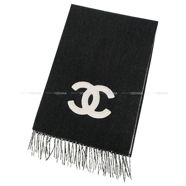 2024AW CHANEL muffler Reversible Shearling COCO Mark Fringe Noir (Black)/Blanc (White) Cashmere/Mouton AAA557[EXCELLENT][Authentic]