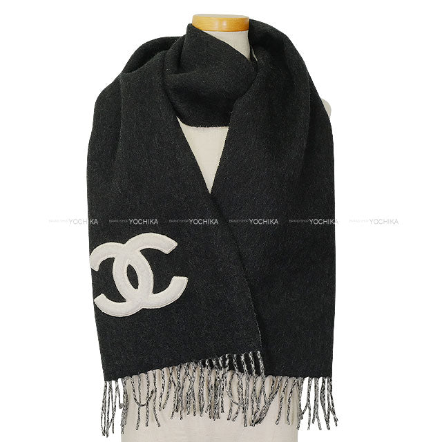 2024AW CHANEL muffler Reversible Shearling COCO Mark Fringe Noir (Black)/Blanc (White) Cashmere/Mouton AAA557[EXCELLENT][Authentic]