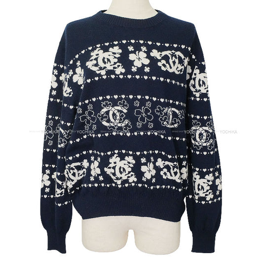 [Pre-loved] 20P CHANEL Knit Womens Long Sleeve COCO Mark Clover Navy/Blanc (White) Cashmere/Cotton #46 P63037[LIKE NEW][Authentic]