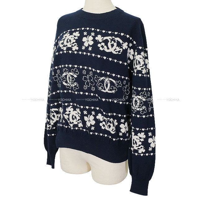 [Pre-loved] 20P CHANEL Knit Womens Long Sleeve COCO Mark Clover Navy/Blanc (White) Cashmere/Cotton #46 P63037[LIKE NEW][Authentic]