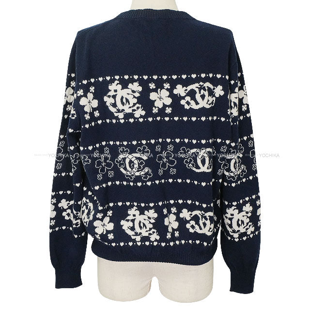 [Pre-loved] 20P CHANEL Knit Womens Long Sleeve COCO Mark Clover Navy/Blanc (White) Cashmere/Cotton #46 P63037[LIKE NEW][Authentic]