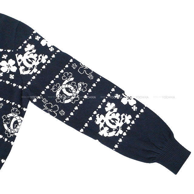 [Pre-loved] 20P CHANEL Knit Womens Long Sleeve COCO Mark Clover Navy/Blanc (White) Cashmere/Cotton #46 P63037[LIKE NEW][Authentic]