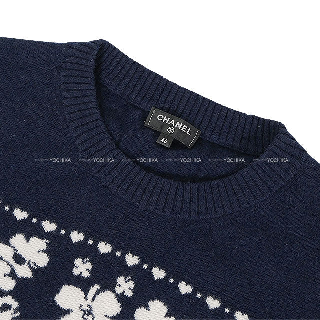 [Pre-loved] 20P CHANEL Knit Womens Long Sleeve COCO Mark Clover Navy/Blanc (White) Cashmere/Cotton #46 P63037[LIKE NEW][Authentic]