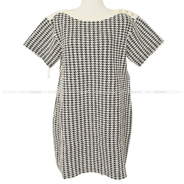 Dior One‐piece dress Short Sleeve Houndstooth Pearl Button Noir (Black)/Blanc (White) Cotton/Polyester/Nylon #44 354R14AM324[EXCELLENT][Authentic]