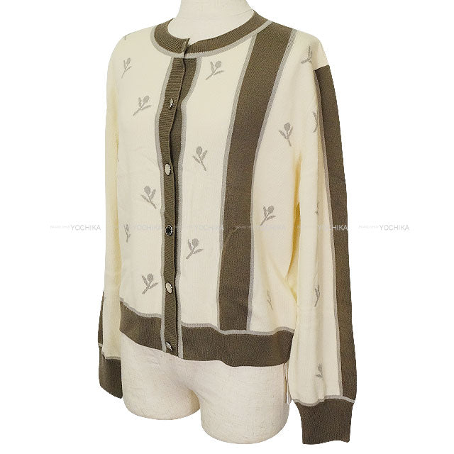 2023AW HERMES Cardigan ETRIERS Embroidery Serie Button Ivory/Brown/Grey Wool/Cashmere/Polyamide #42 Silver HW 4E2722D5[EXCELLENT][Authentic]