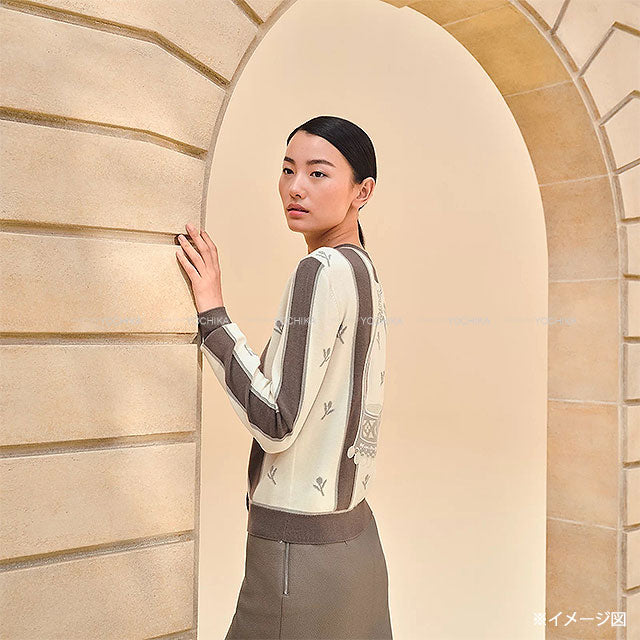 2023AW HERMES Cardigan ETRIERS Embroidery Serie Button Ivory/Brown/Grey Wool/Cashmere/Polyamide #42 Silver HW 4E2722D5[EXCELLENT][Authentic]