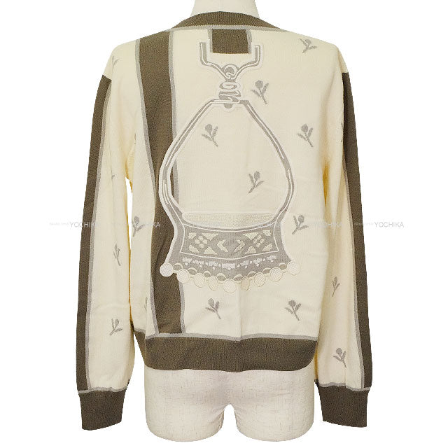 2023AW HERMES Cardigan ETRIERS Embroidery Serie Button Ivory/Brown/Grey Wool/Cashmere/Polyamide #42 Silver HW 4E2722D5[EXCELLENT][Authentic]