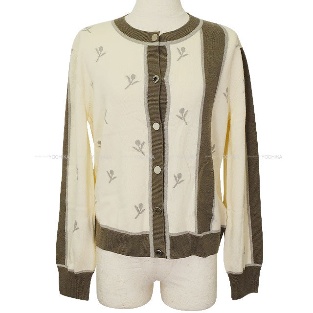 2023AW HERMES Cardigan ETRIERS Embroidery Serie Button Ivory/Brown/Grey Wool/Cashmere/Polyamide #42 Silver HW 4E2722D5[EXCELLENT][Authentic]
