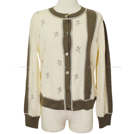 2023AW HERMES Cardigan ETRIERS Embroidery Serie Button Ivory/Brown/Grey Wool/Cashmere/Polyamide #42 Silver HW 4E2722D5[EXCELLENT][Authentic]