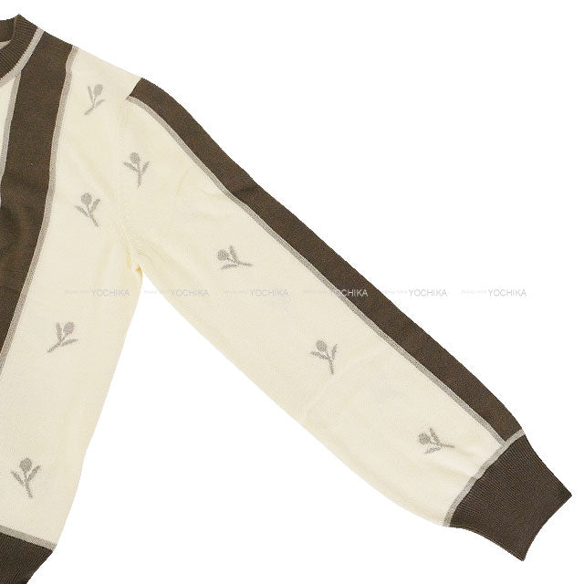 2023AW HERMES Cardigan ETRIERS Embroidery Serie Button Ivory/Brown/Grey Wool/Cashmere/Polyamide #42 Silver HW 4E2722D5[EXCELLENT][Authentic]